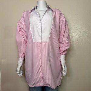 Pink and white striped oversized contrast white bib front tuxedo style shirt